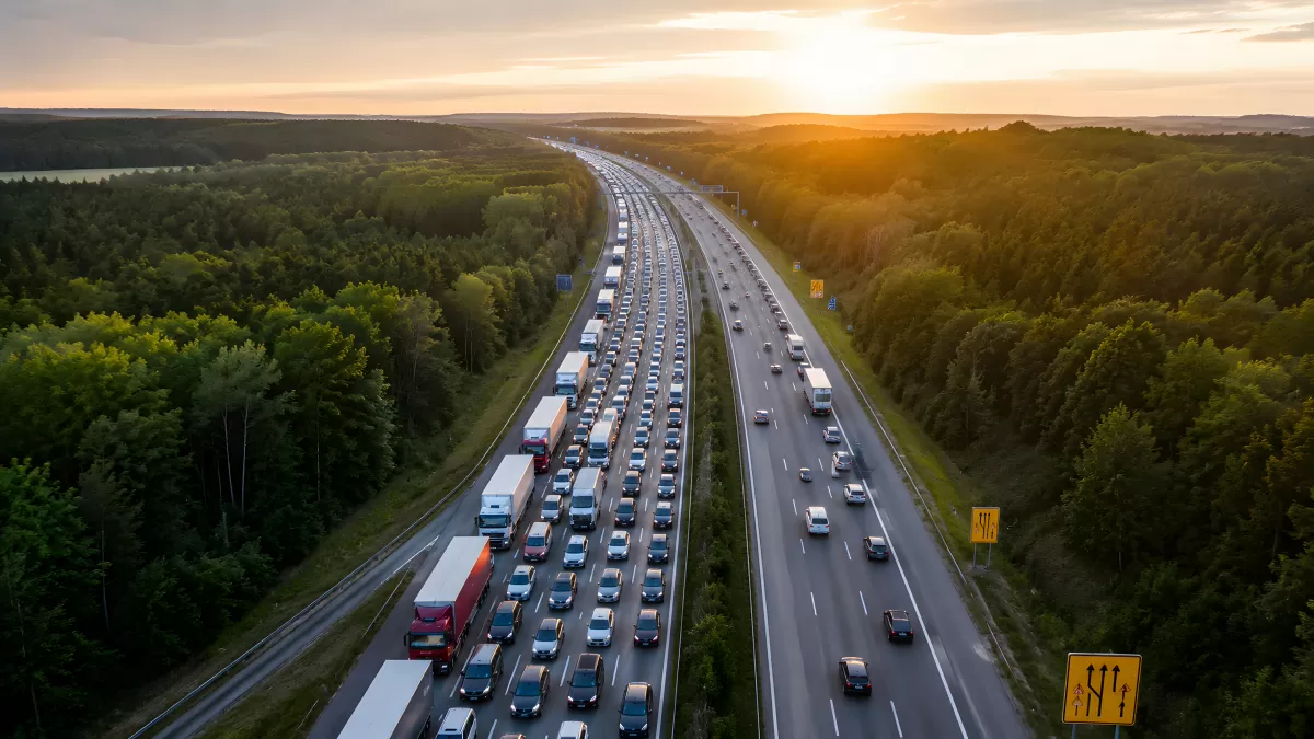 Stau auf Autobahn bei Sonnenuntergang aus der Luft