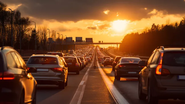Stau auf der Autobahn bei goldenem Sonnenuntergang