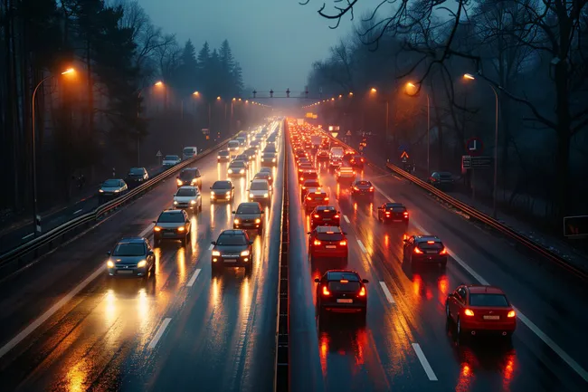 Stau auf einer regnerischen Autobahn bei Nacht