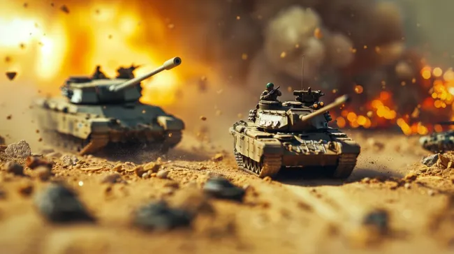 Staubige Panzerschlacht auf Wüstenlandschaft