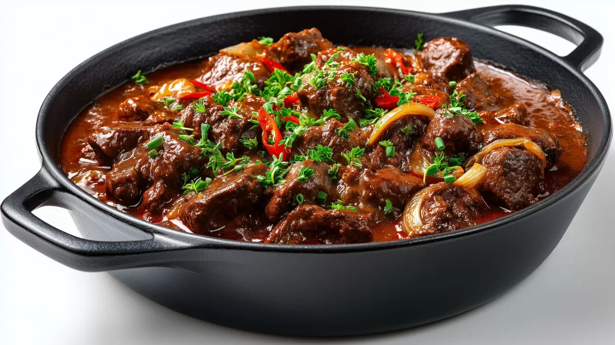 Steak Gulasch vom Rind in schwarzem Gusseisентopf