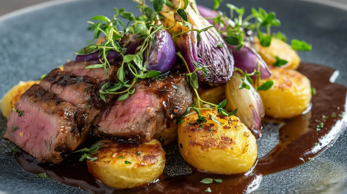 Steak mit Bratkartoffeln und Jaromakohl serviert