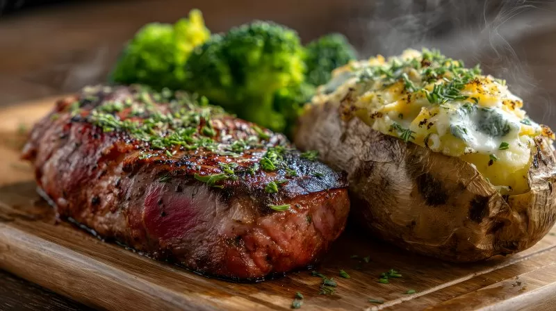 Steak mit Ofenkartoffel und Brokkoli auf Holzbrett
