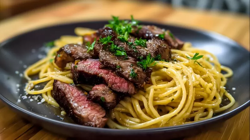 Steak mit Spaghetti auf schwarzem Teller angerichtet