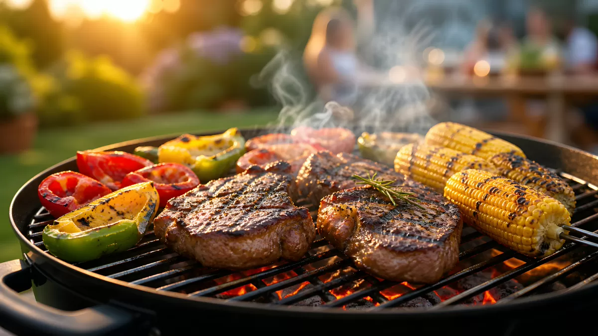 Steaks und Gemüse auf dem Holzkohlegrill im Garten