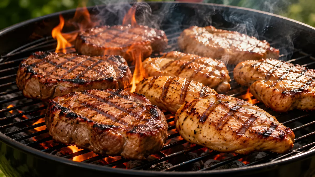 Steaks und Hähnchenbrust auf einem Holzkohlegrill