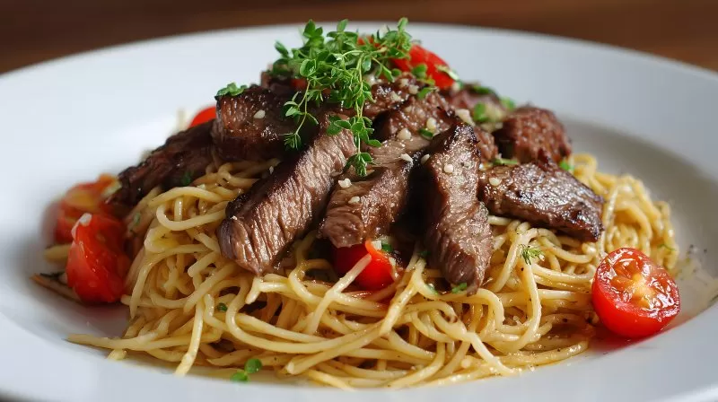 Steakstreifen mit Pasta und Cherrytomaten auf weißem Teller