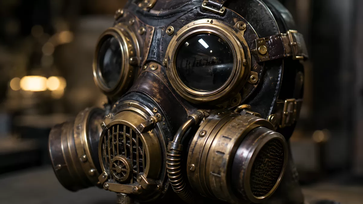 Steampunk-Gasmaske aus Messing und dunklem Leder
