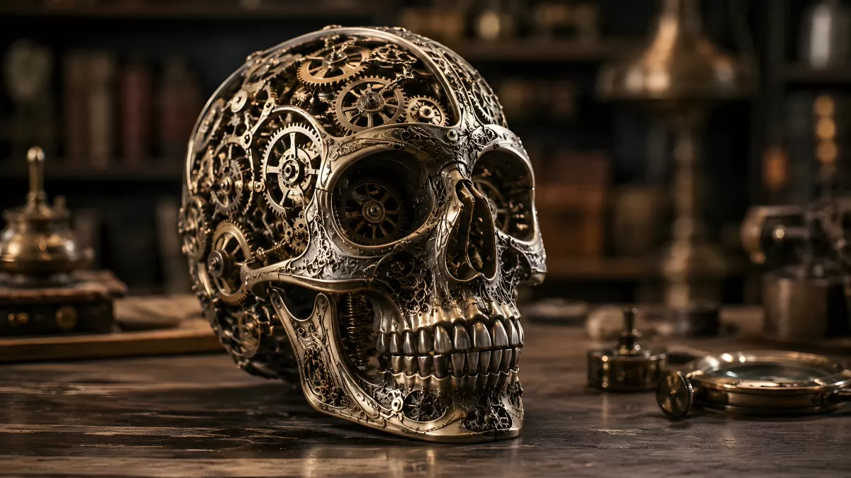 Steampunk-Totenschädel aus Metall mit Zahnrädern