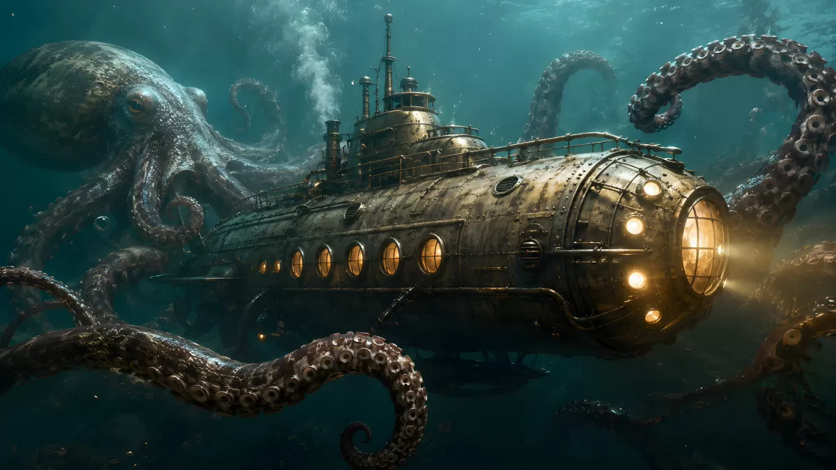 Steampunk-U-Boot begegnet riesigem Kraken im Ozean