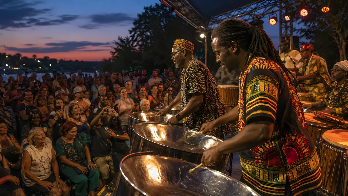 Steel-Drum-Musiker auf Freiluftbühne bei Sonnenuntergang