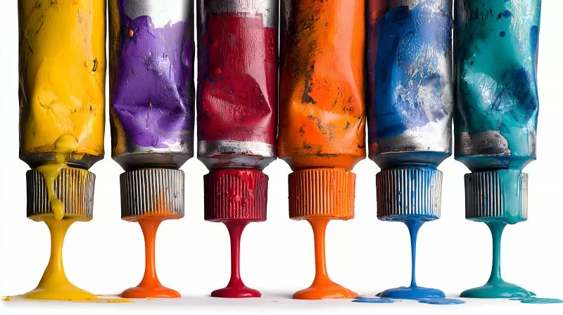 Stehende Farbtuben mit fließender Acrylfarbe in Reihen