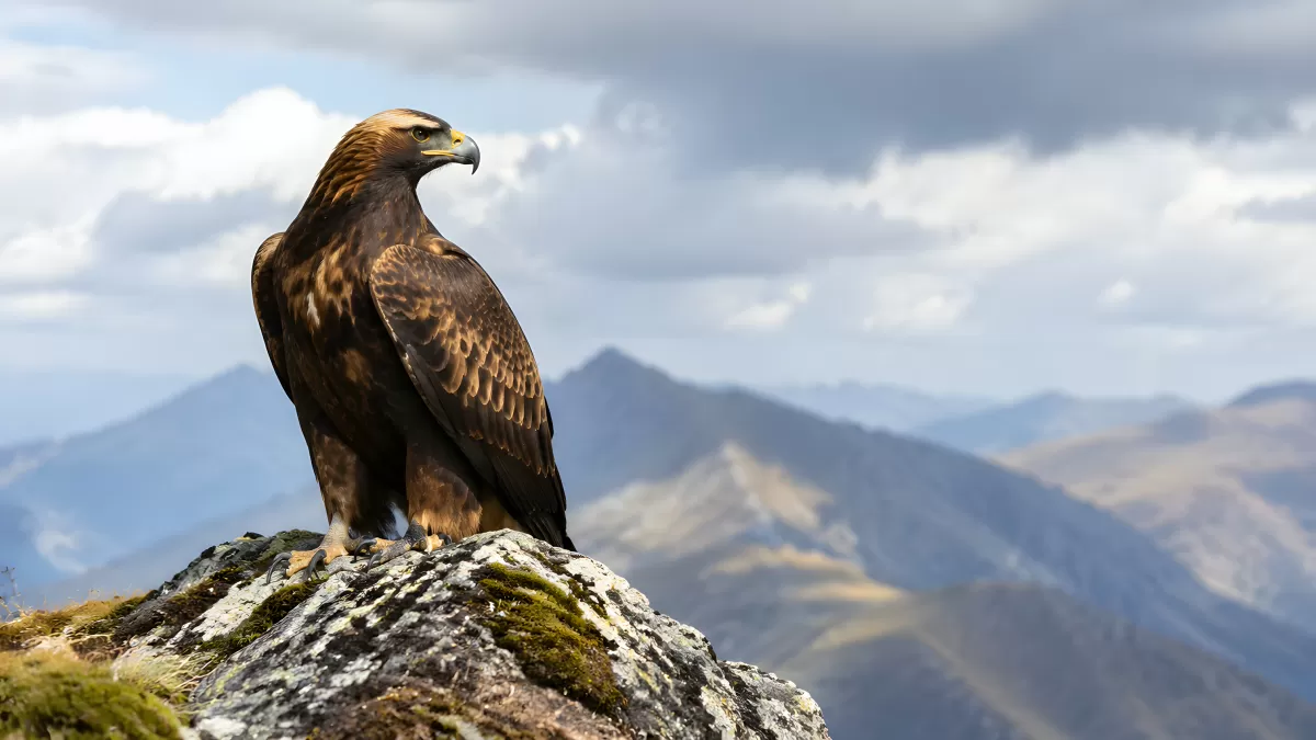Steinadler auf Felsen mit Bergpanorama im Hintergrund