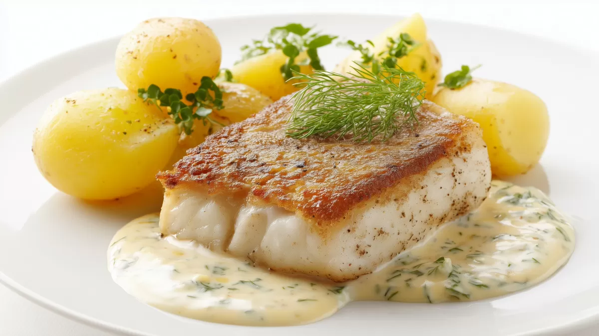 Steinbeier mit Senfsauce, Kartoffeln und Dill