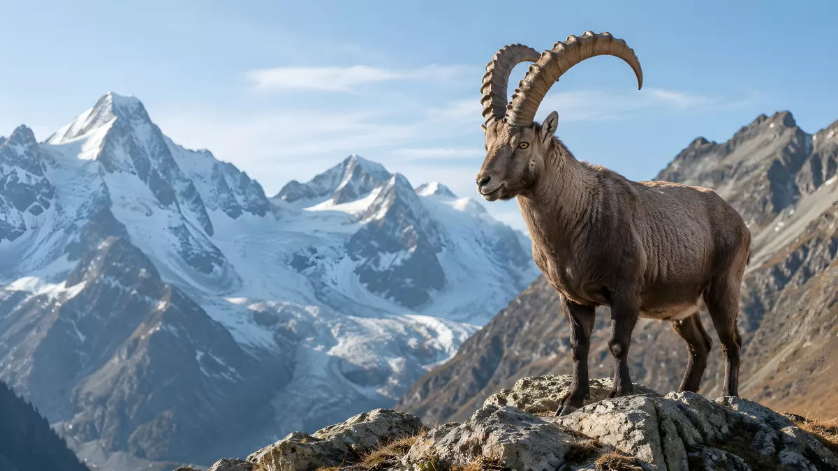 Steinbock auf Felsen vor schneebedeckten Alpen