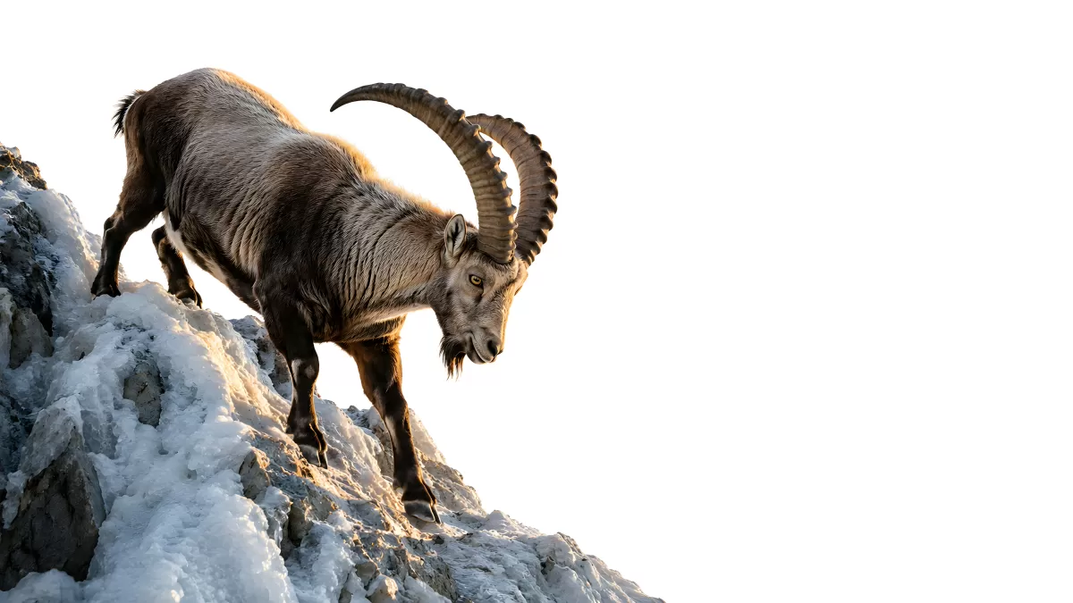 Steinbock auf verschneitem Felsen in den Alpen