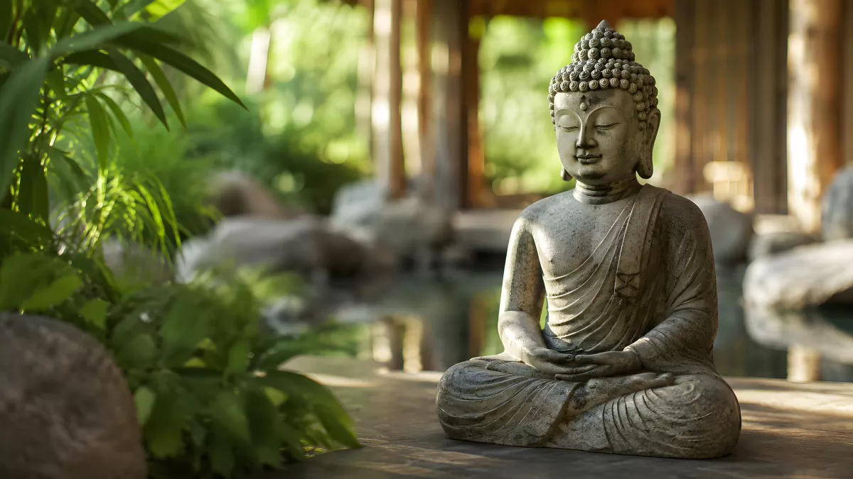 Steinerne Buddha-Statue in einem ruhigen Zen-Garten