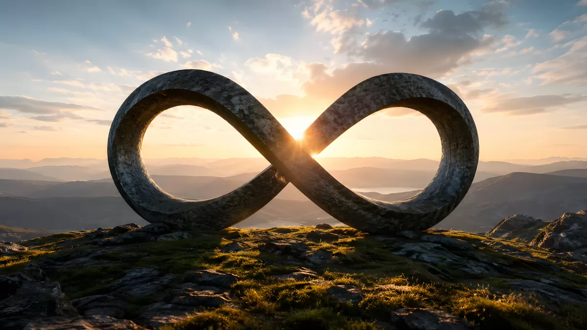 Steinernes Unendlichkeitssymbol auf Berggipfel bei Sonnenuntergang