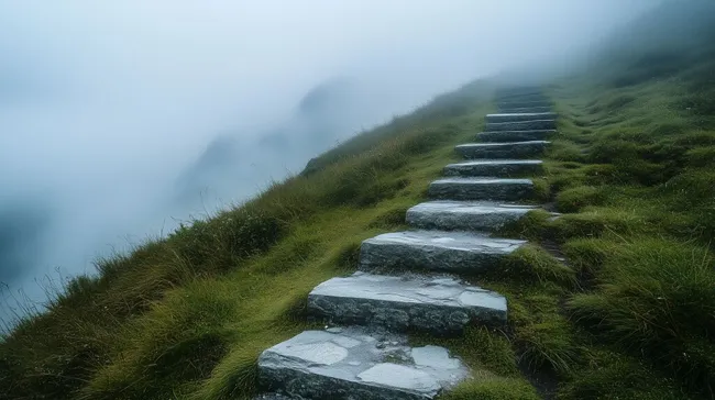 Steiniger Pfad in mystischer Nebellandschaft