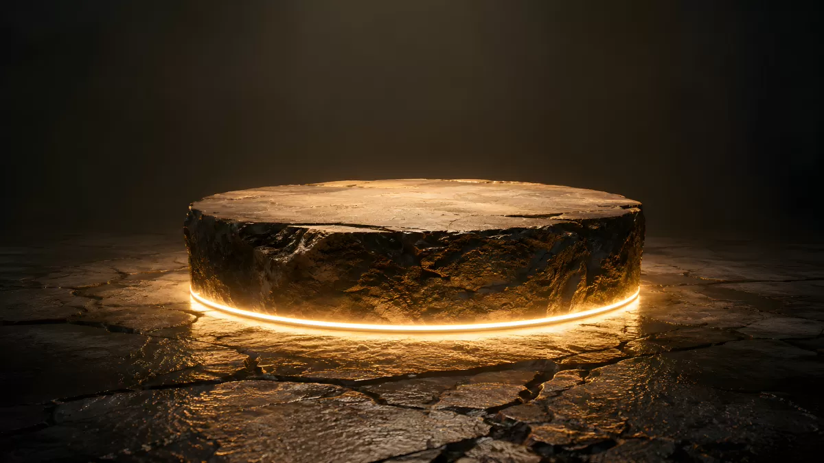 Steinpodest mit goldenem Neonlicht auf Felsboden