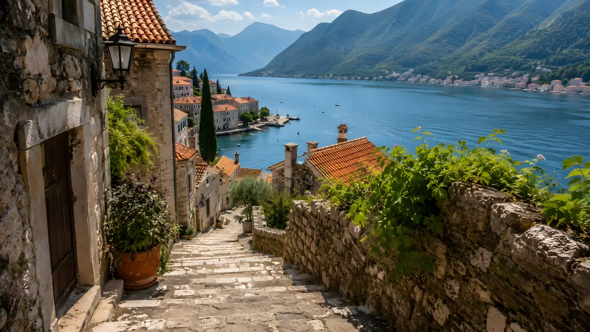 Steintreppe mit Blick auf Bucht von Kotor Montenegro