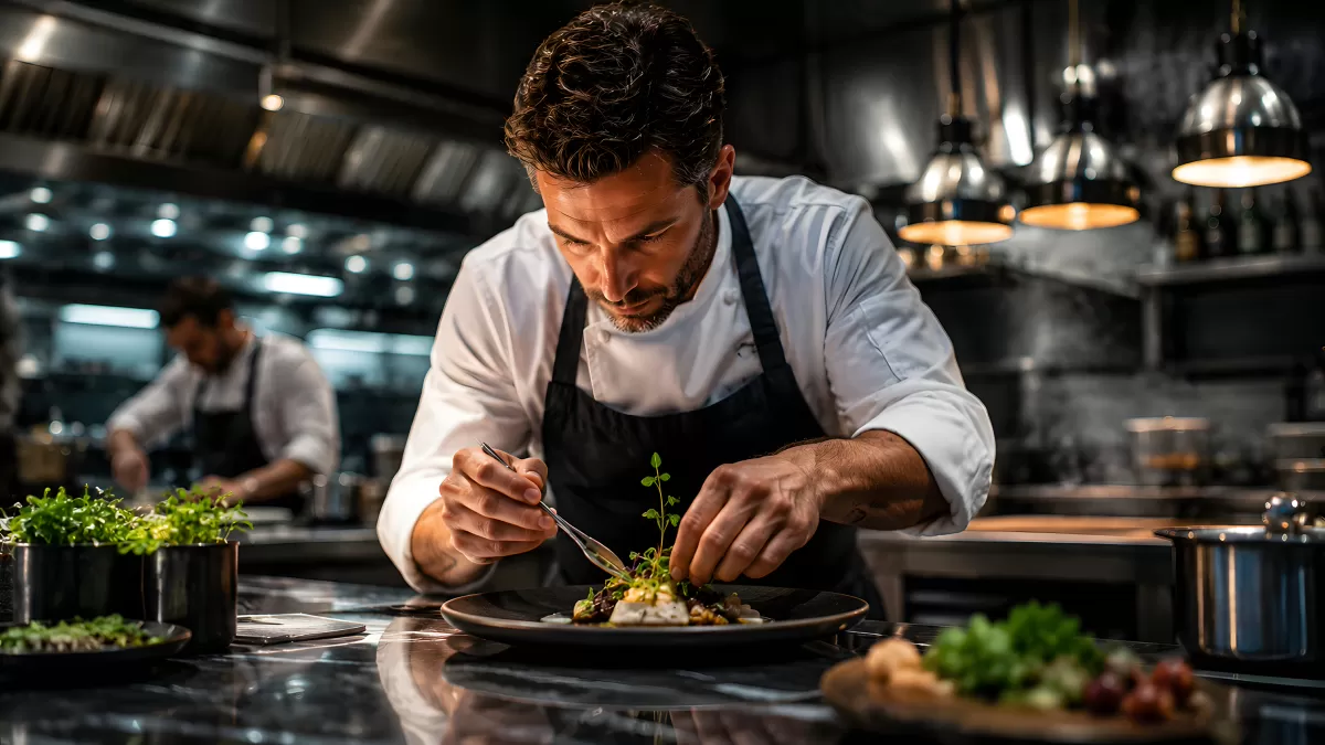 Sternekoch beim Anrichten eines Gourmetgerichts in Profiküche
