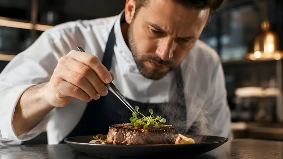 Sternekoch garniert dampfendes Steak mit Pinzette