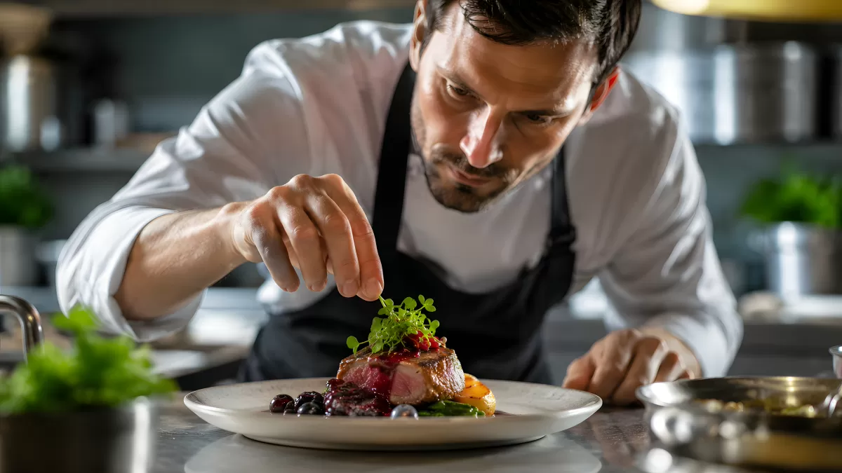 Sternekoch garniert ein Fleischgericht mit Microgreens