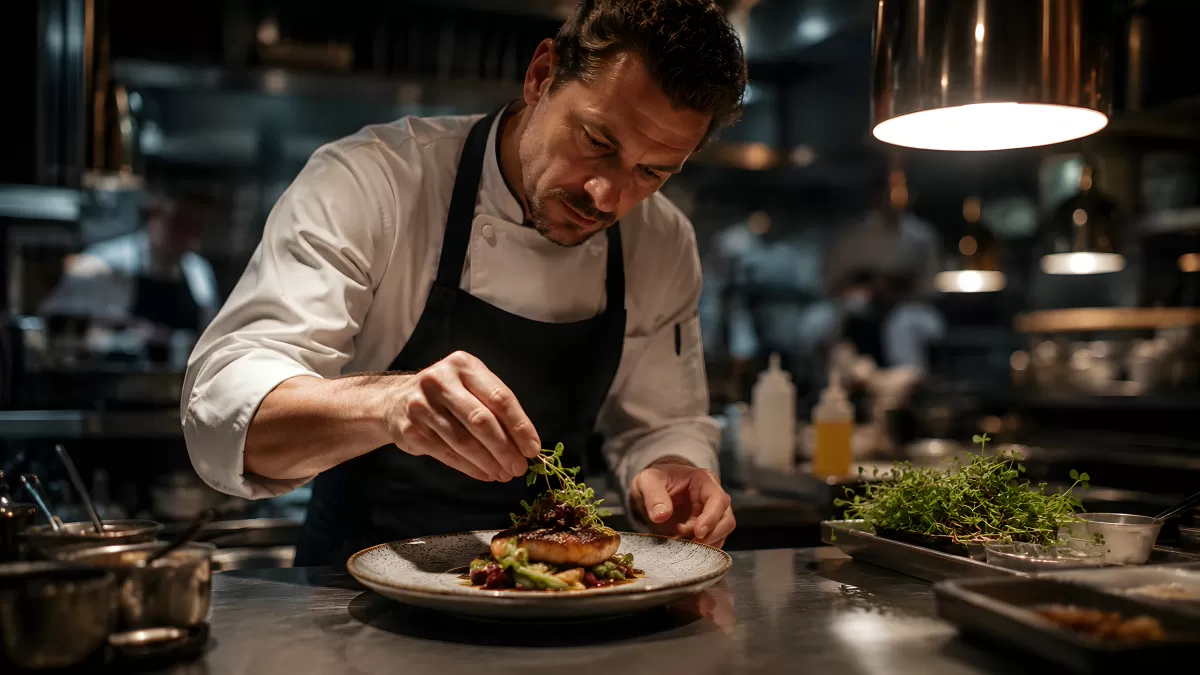 Sternekoch garniert ein Gericht in der Restaurantküche