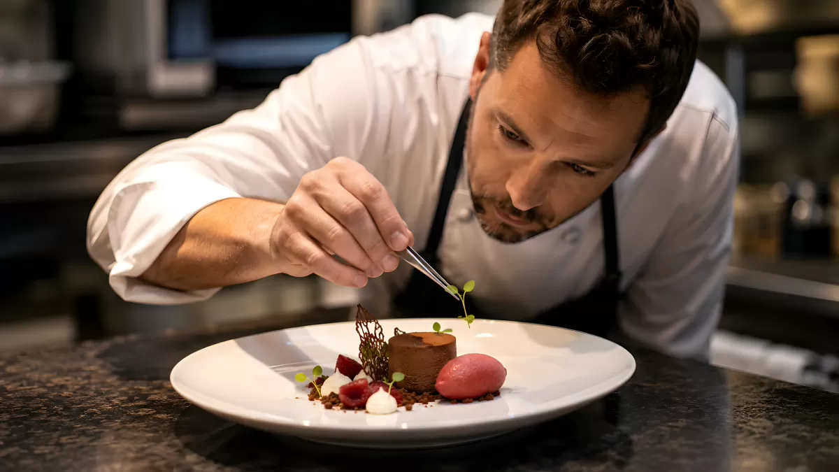 Sternekoch garniert Schokoladendessert mit Pinzette
