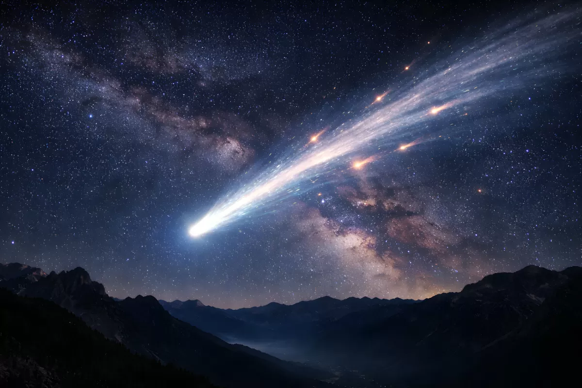 Sternenhimmel mit Meteorschwarm über Berglandschaft