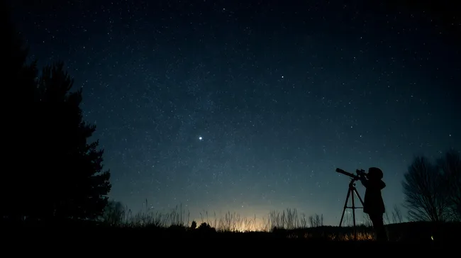 Sternenklare Nacht: Junge beobachtet Himmel durch Teleskop