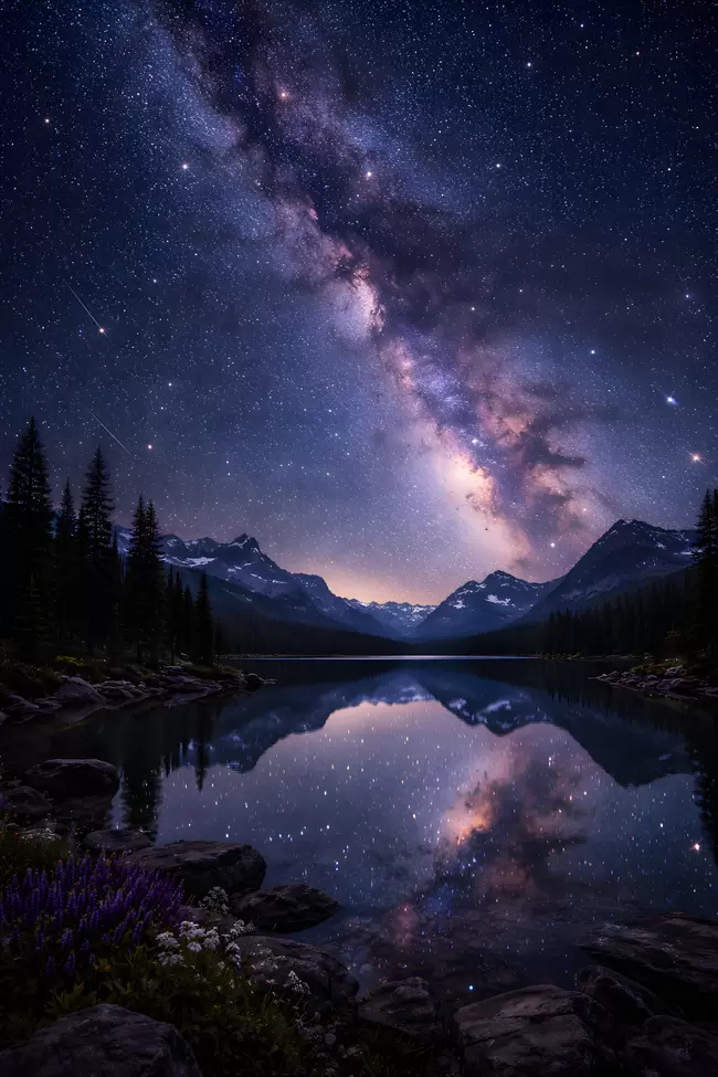 Sternenklarer Nachthimmel über Gebirgssee
