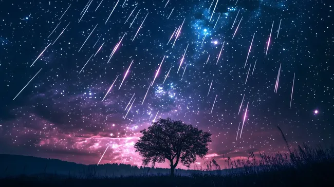 Sternschnuppen-Nacht mit Baum im Vordergrund