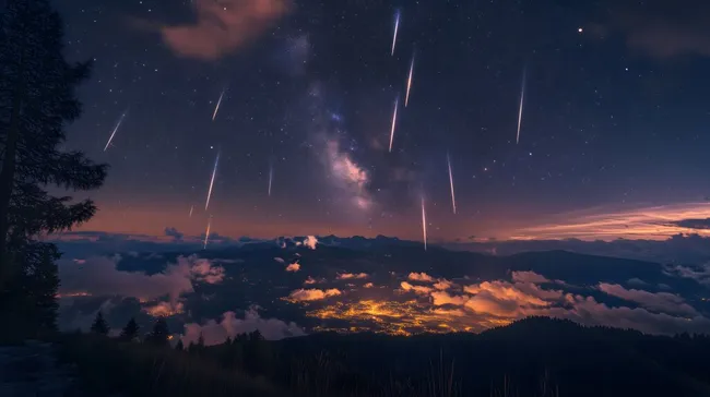 Sternschnuppennacht über bergiger Landschaft