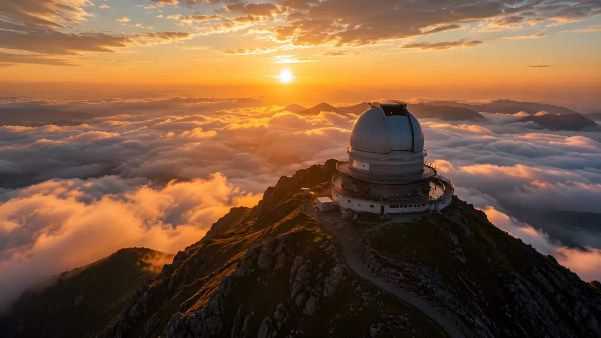 Sternwarte auf Berggipfel über dem Wolkenmeer bei Sonnenuntergang