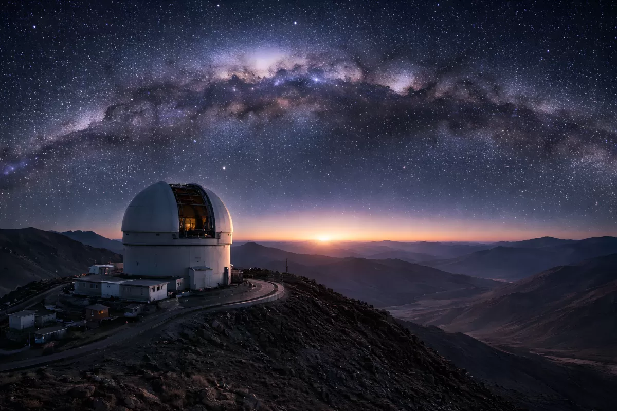 Sternwarte unter dem Milchstraßenbogen bei Dämmerung