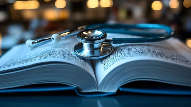 Stethoskop auf medizinischem Fachbuch - Konzept der Gesundheitsversorgung