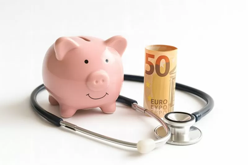 Stethoskop mit 50-Euro-Schein neben Sparschwein