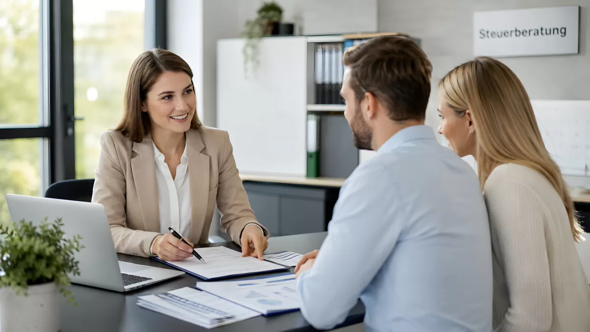 Steuerberaterin erklärt Ehepaar Unterlagen im Büro