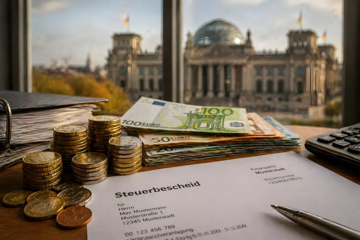 Steuerbescheid mit Euro-Scheinen vor dem Reichstag