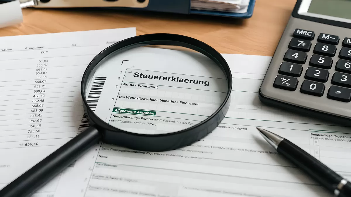 Steuererklärung mit Lupe, Taschenrechner und Unterlagen