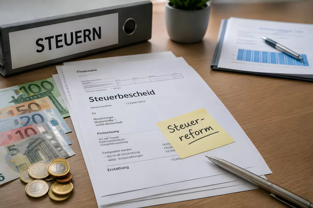 Steuerreform in Deutschland: Steuerbescheid mit Euro-Scheinen