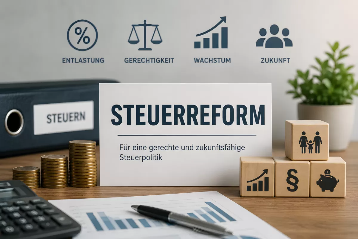 Steuerreform-Konzept mit Münzen und Holzwürfeln