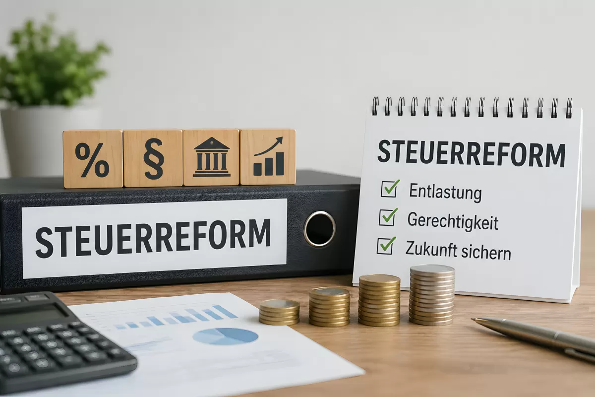 Steuerreform Konzept mit Ordner, Münzen und Notizbuch