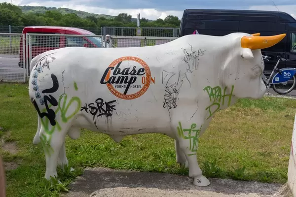 Stier-Statue mit Logo des BaseCamp Young Hostel in Bonn