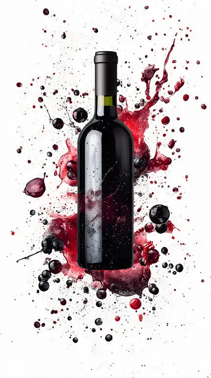 Stilisierte Rotweinflasche mit spritzenden Weinflecken