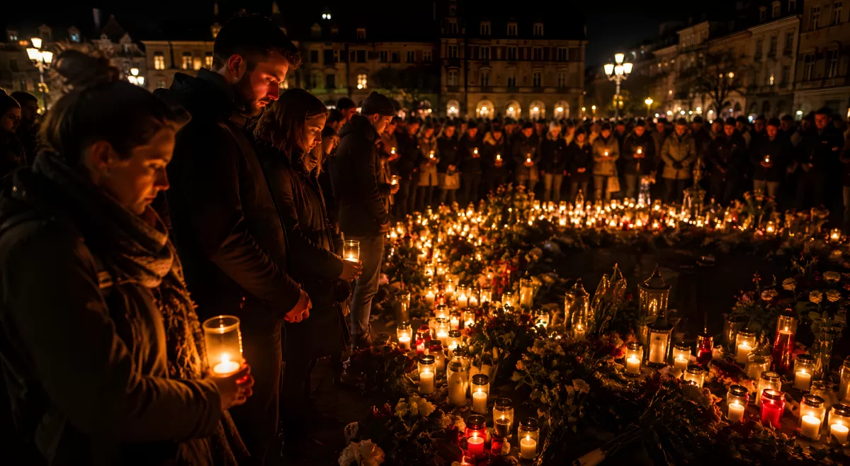 Stilles Gedenken mit Kerzen auf einem Stadtplatz bei Nacht