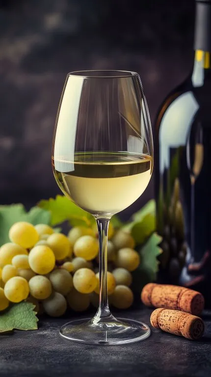 Stillleben mit Weißwein, Trauben und Korken