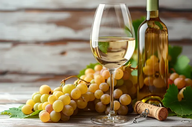 Stillleben mit Weißwein, Trauben und Weinkorken